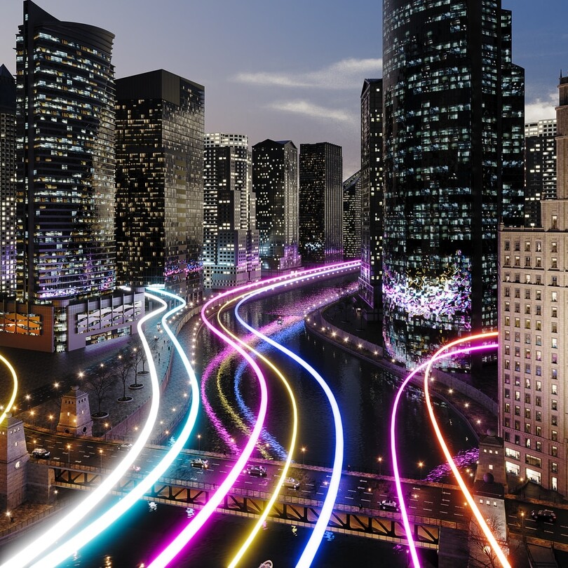 Glowing light trails surround the smart city. (3d render)